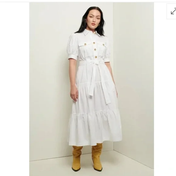 Derek Lam 10 Crosby White Utility Midi Dress - Size 14 Belted Puff Sleeve - Picture 1 of 5